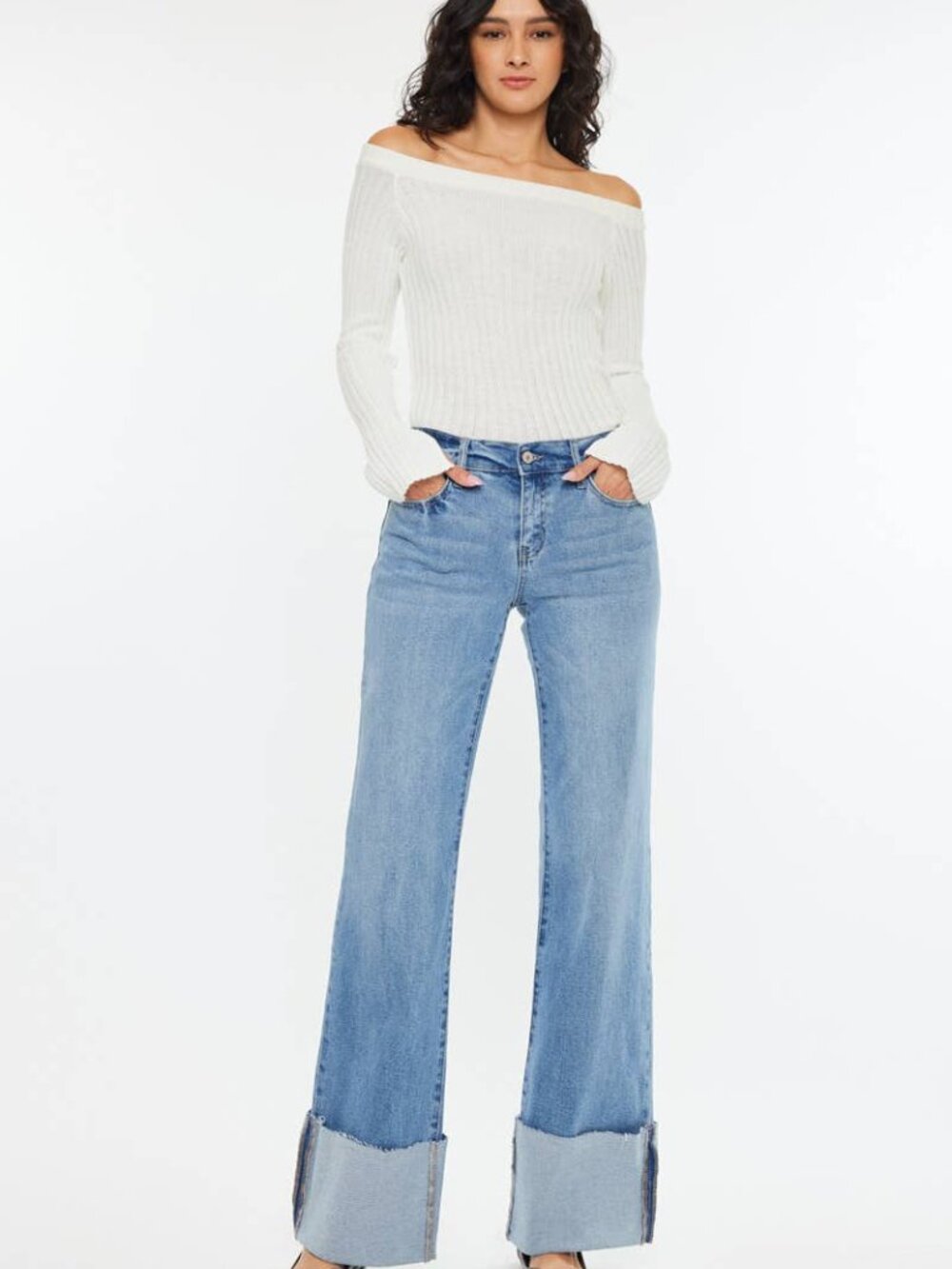 NEW Kancan Mid Rise Medium Blue Cuff Flare Denim Jean Sz 13